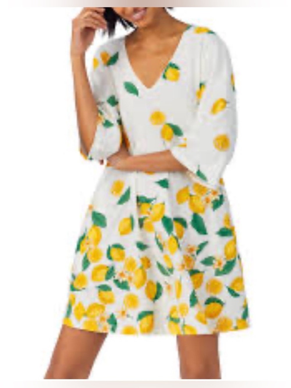 BedHead Sz XL White V-Neck Top with Yellow Lemon Print Seam Pockets NWOT